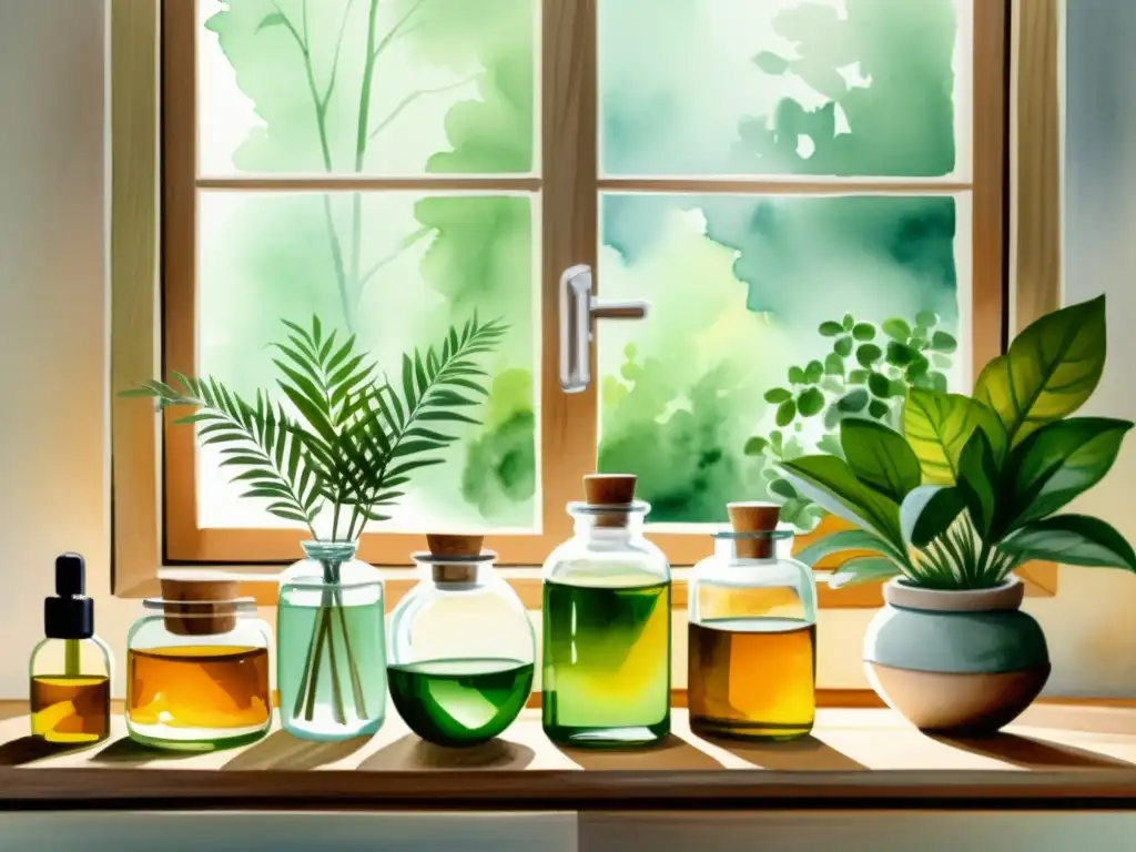 Aromaterapia en el hogar: Ilustración de acogedor interior con plantas aromáticas, luz natural y aceites esenciales, transmitiendo tranquilidad