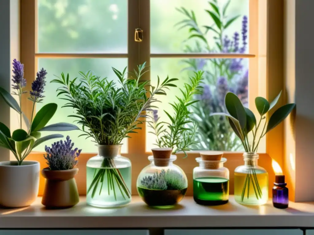 Un hogar acogedor con plantas aromáticas y luz cálida, ideal para aromaterapia plantas medicinales para hogar