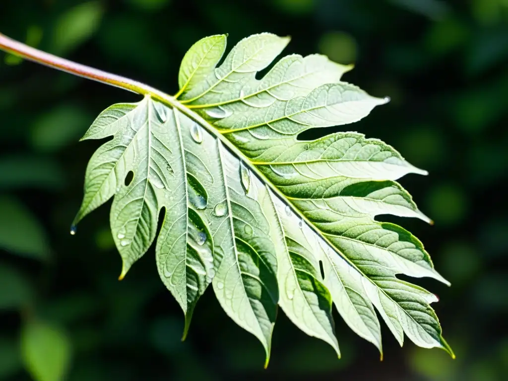 Una hoja de planta medicinal pintada al acuarela, con detalles realistas y rocío