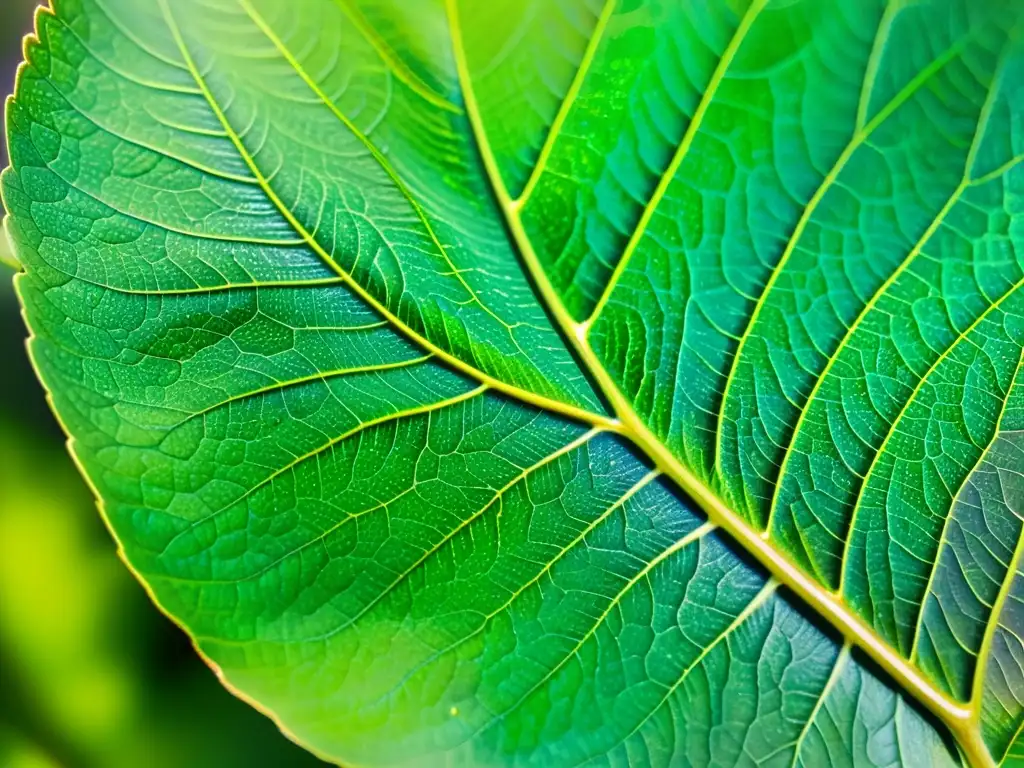 Una hoja verde vibrante con nanoestructuras translúcidas que mejoran propiedades de plantas medicinales a nanoescala