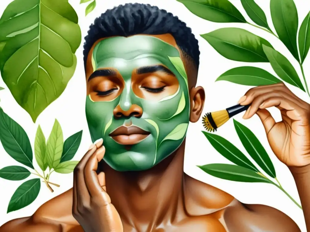 Un hombre aplica cuidado facial de afeitado natural con hierbas medicinales en ilustración de acuarela detallada