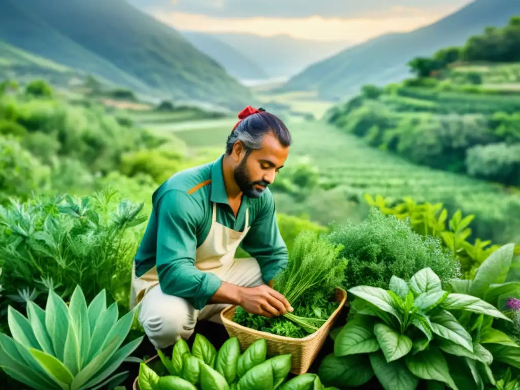 Un hombre cosechando hierbas para fitocosmética para hombres, rodeado de exuberante vegetación y botánicos vibrantes