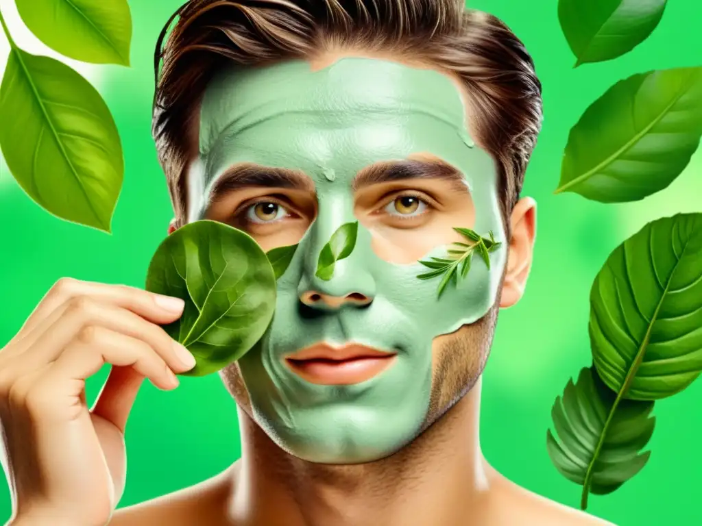 Un hombre aplica una mascarilla facial de hierbas, exudando un aura de belleza natural y bienestar