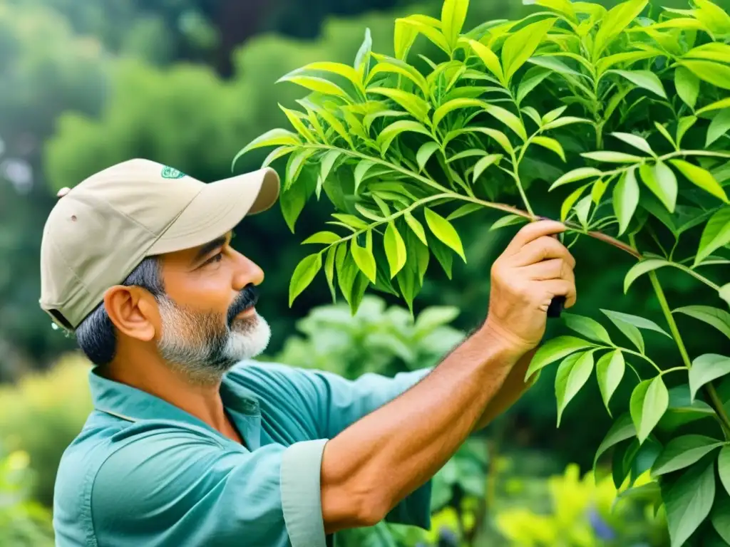 Un horticultor poda con destreza una planta medicinal en un jardín soleado, resaltando la importancia de la poda en plantas medicinales