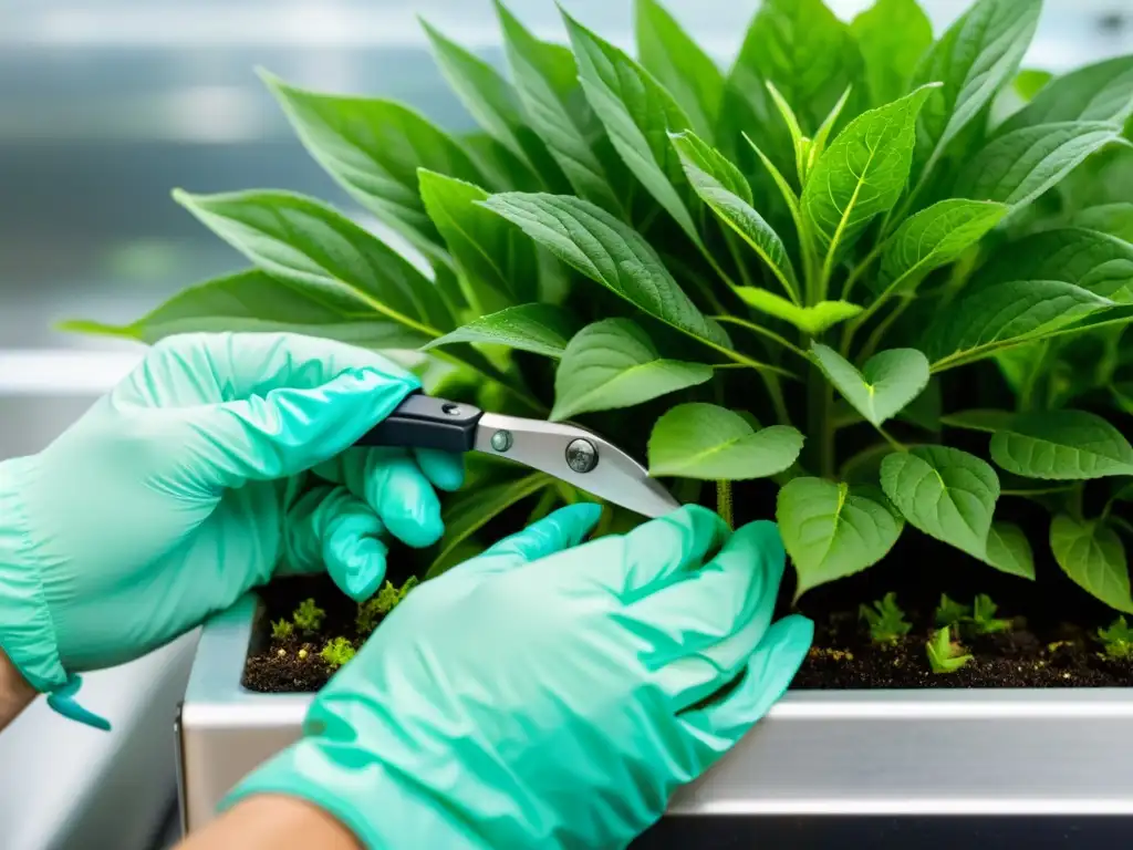 Un horticultor experto recorta cuidadosamente las hojas en un sistema hidropónico, demostrando técnicas de poda para hidroponía con precisión