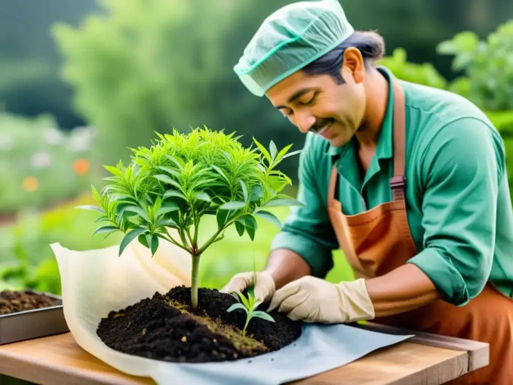 Un horticultor habilidoso injerta una planta medicinal en un patrón estable, con movimientos precisos y delicados en un sereno jardín