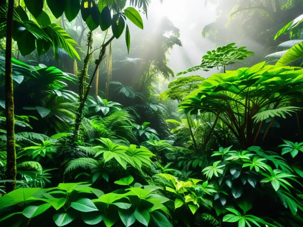 Huella de carbono plantas medicinales: exuberante escena de la selva tropical con plantas vibrantes y exóticas bajo la luz filtrada