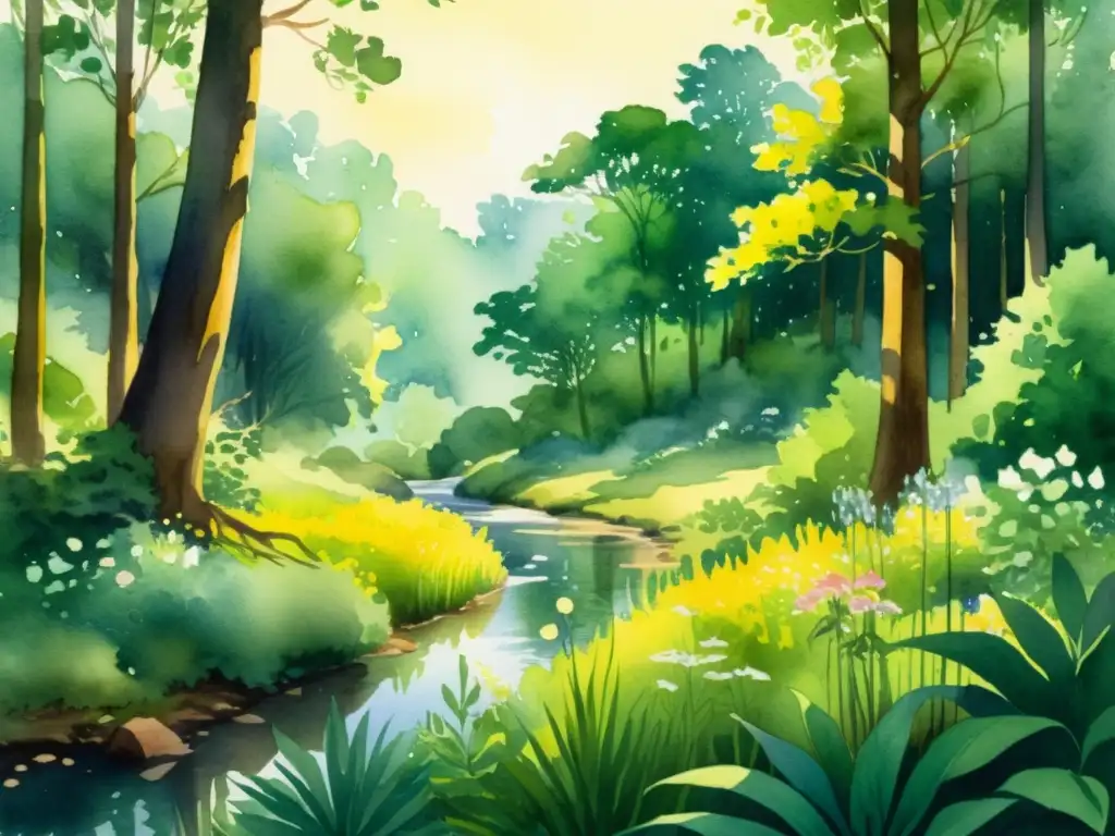Bosque medicinal: ilustración acuarela de sereno claro soleado Una ilustración de acuarela detallada de un claro de bosque sereno con plantas medicinales