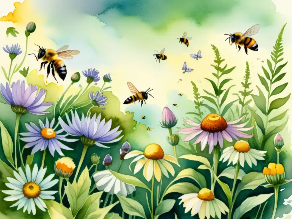 Una ilustración de acuarela detallada de un exuberante jardín con plantas medicinales vibrantes y abejas revoloteando