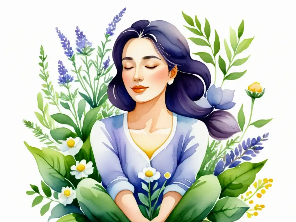 Una ilustración de acuarela detallada de una mujer serena rodeada de plantas y flores aromáticas, como lavanda, rosa y manzanilla