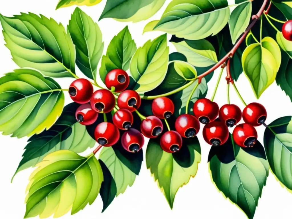 Una ilustración de acuarela detallada de la vibrante planta Schisandra chinensis, con sus frutos rojos, hojas verdes y tallos retorcidos