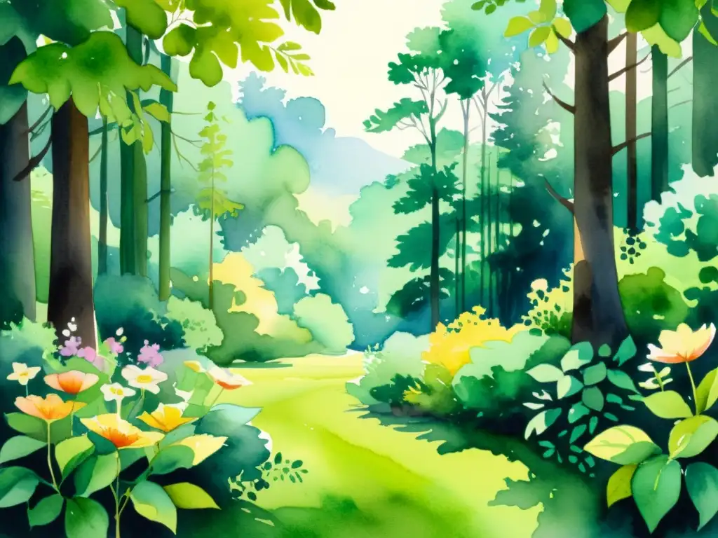 Una ilustración de acuarela impresionante de un sereno bosque, con exuberante vegetación y flores vibrantes