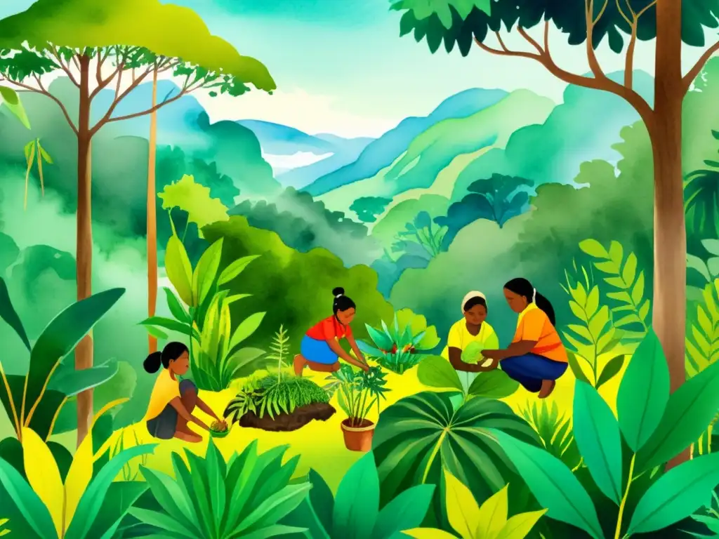 Una ilustración de acuarela vibrante que muestra una comunidad indígena cosechando plantas medicinales en la selva