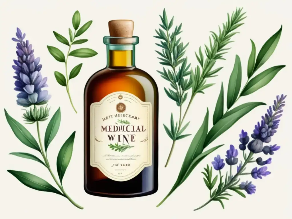 Una ilustración acuarela de una botella vintage de botica con vino medicinal a base de hierbas, rodeada de lavanda, romero y manzanilla