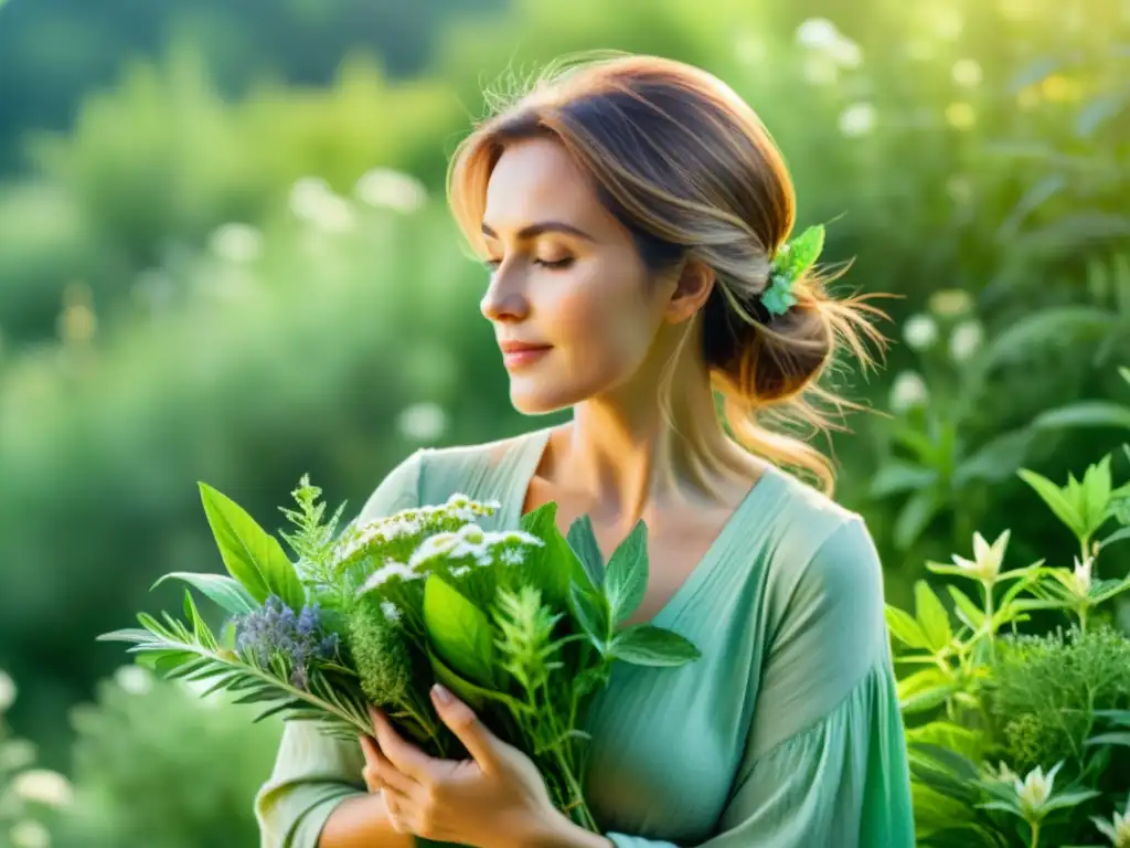 Una ilustración delicada en acuarela de una mujer serena rodeada de exuberantes hierbas en flor, con suave luz solar filtrándose entre las hojas