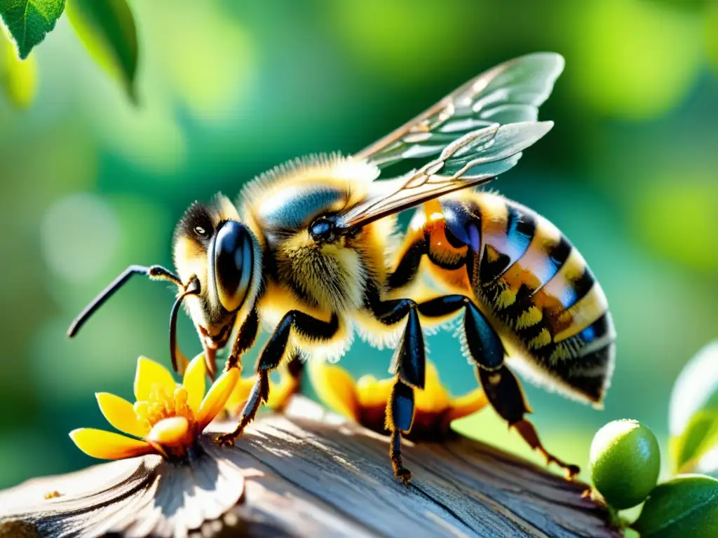 Una ilustración detallada en acuarela de una abeja recolectando resina con propiedades antimicrobianas de un árbol