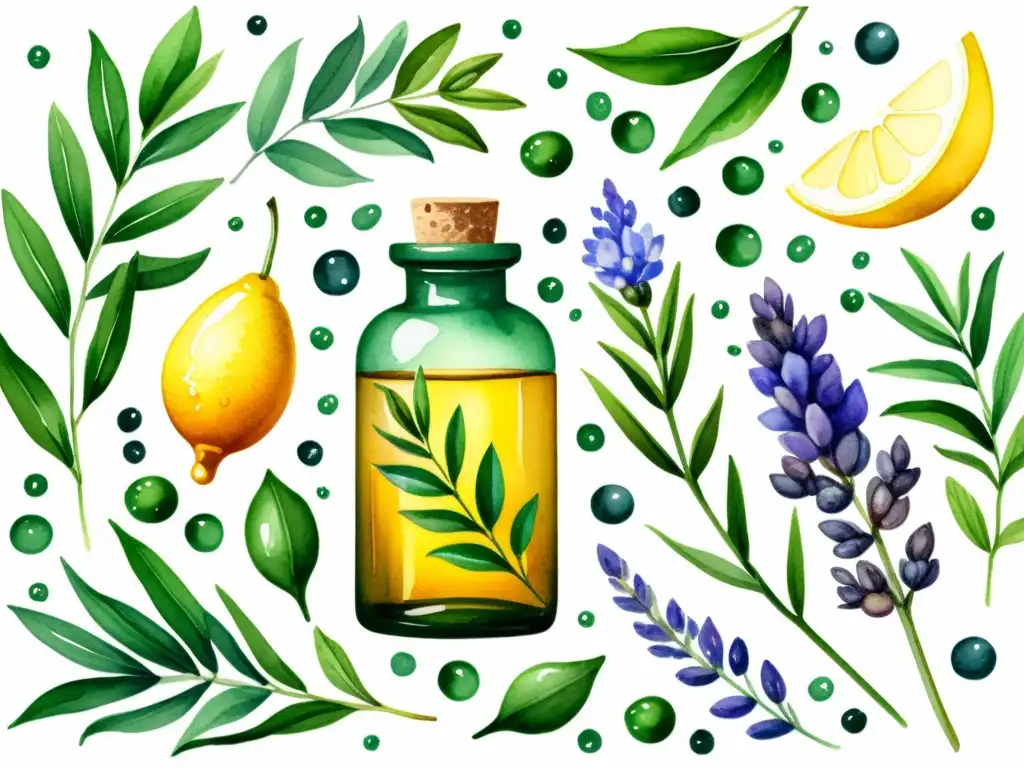 Una ilustración detallada en acuarela de aceites esenciales para piel grasa, como árbol de té, lavanda y limón