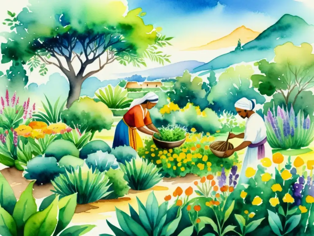 Una ilustración detallada en acuarela de antiguas civilizaciones y culturas, con personas cosechando y usando plantas aromáticas para sanación y propósitos espirituales en un exuberante jardín