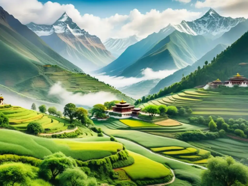 Una ilustración detallada en acuarela de un apacible paisaje montañoso tibetano con plantas medicinales en prácticas religiosas