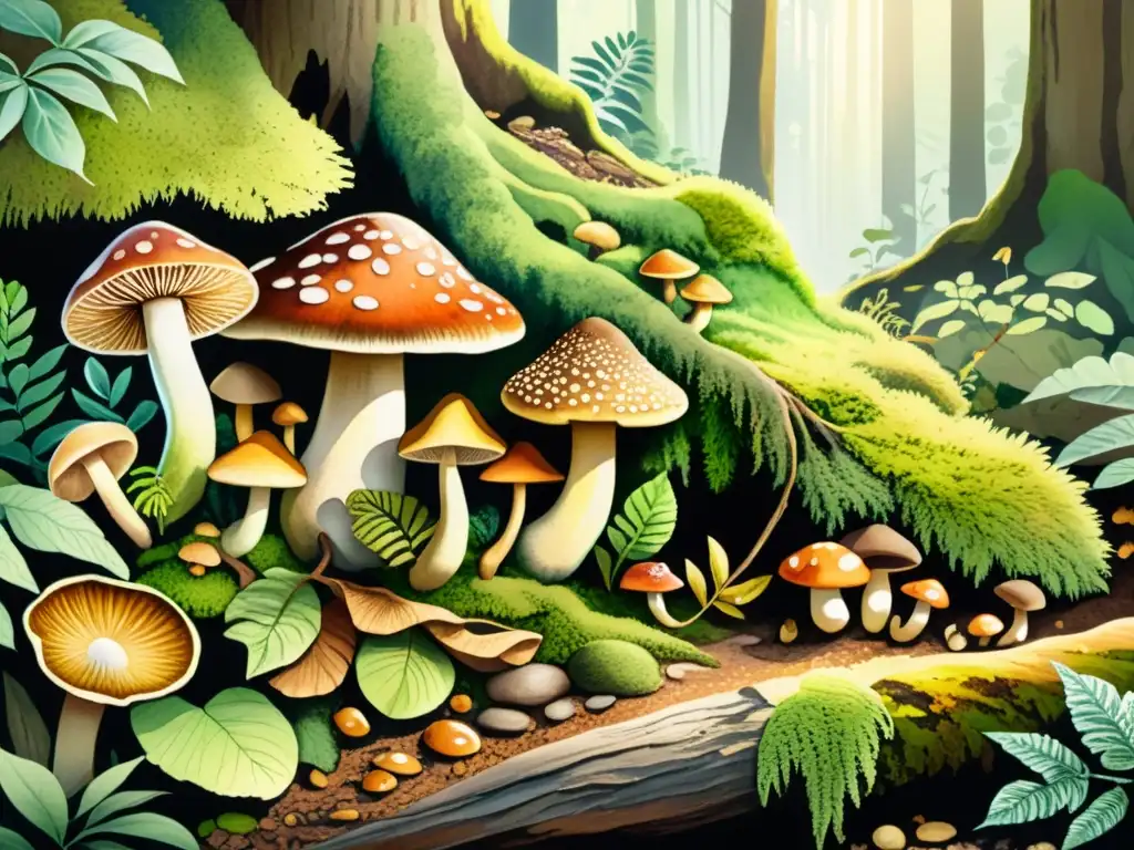 Una ilustración detallada en acuarela de un bosque con hongos medicinales