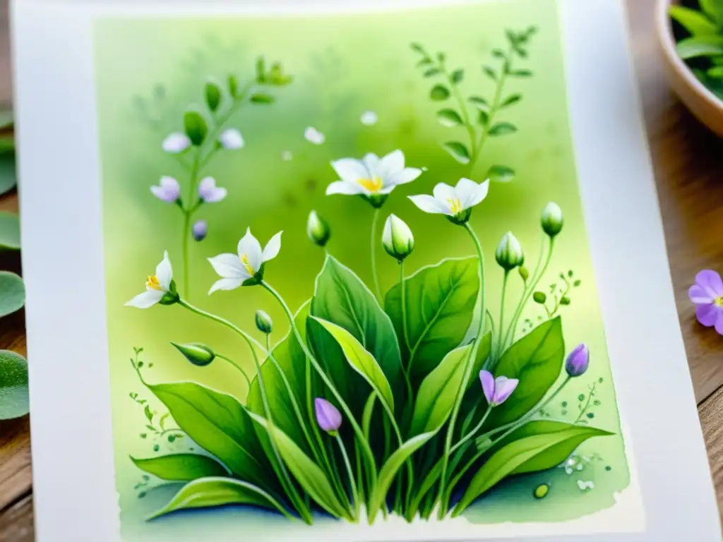 Una ilustración detallada en acuarela de un campo exuberante con plantas de Bacopa Monnieri en plena floración