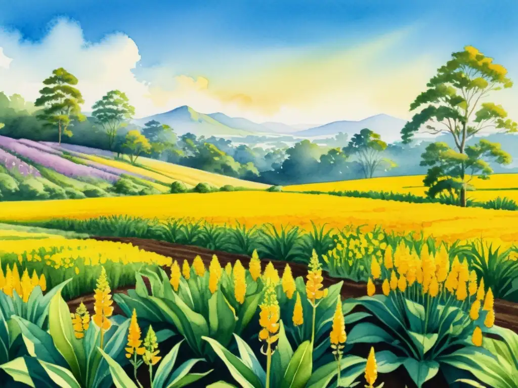 Ilustración acuarela de campo de cúrcuma amarilla floreciente Una ilustración detallada en acuarela de un campo vibrante de plantas de cúrcuma amarilla en flor, bajo un cielo azul claro y el sol arrojando un cálido resplandor dorado sobre el paisaje