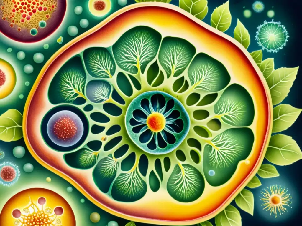 Una ilustración detallada en acuarela de una célula vegetal, resaltando la red de nanopartículas en la pared celular