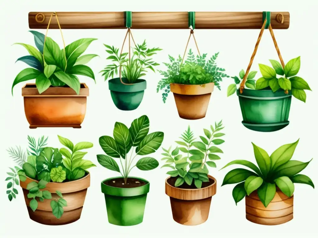 Una ilustración detallada en acuarela de contenedores ecofriendly para plantas medicinales, mostrando una variedad sostenible y vibrante en un jardín