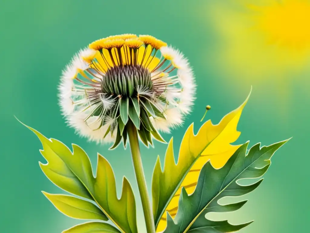 Una ilustración detallada en acuarela de un diente de león con flores amarillas vibrantes y hojas verdes delicadas, sobre un suave fondo pastel