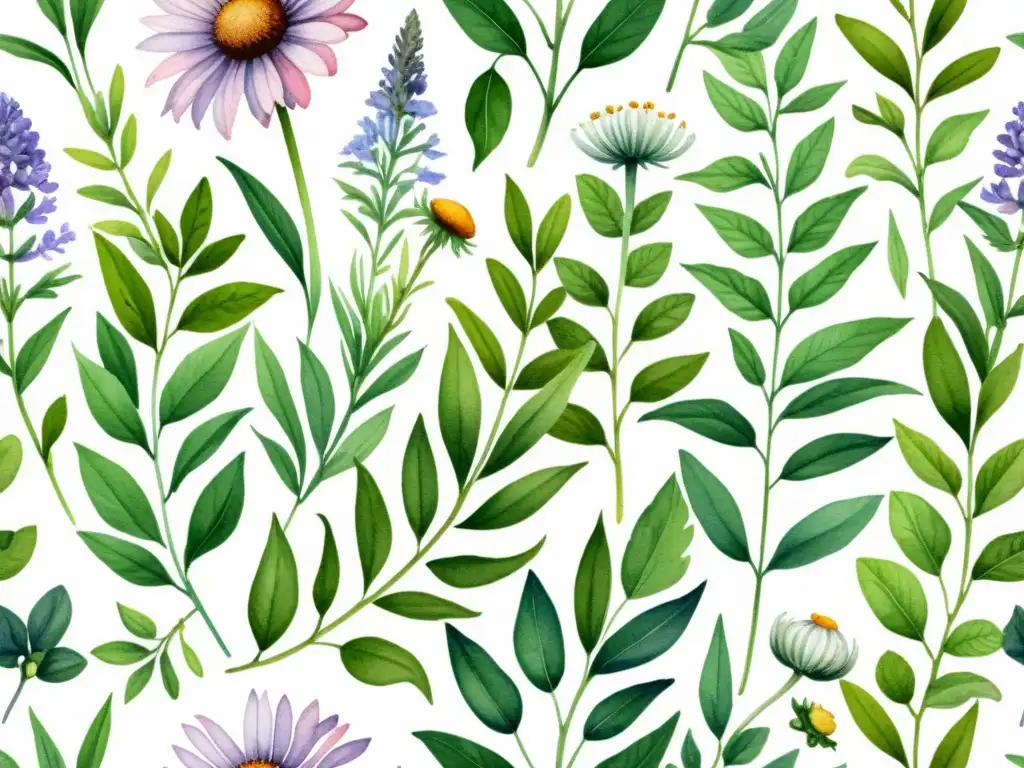 Una ilustración detallada en acuarela de una diversa variedad de hierbas y plantas vibrantes y exuberantes, como lavanda, manzanilla, equinácea y menta, en una composición armoniosa y estéticamente atractiva