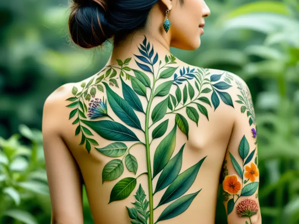 Una ilustración detallada en acuarela de una espalda adornada con tatuajes de plantas medicinales, cada una con su significado simbólico