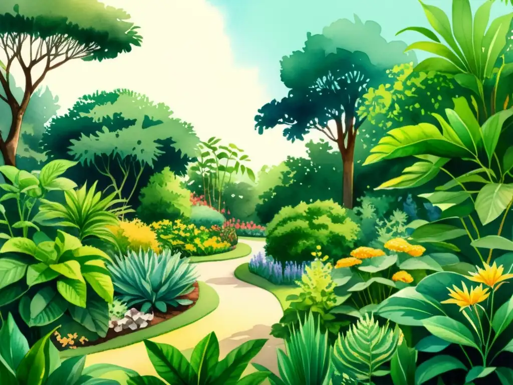 Una ilustración detallada en acuarela de un exuberante jardín botánico, lleno de vida vegetal vibrante y diversa