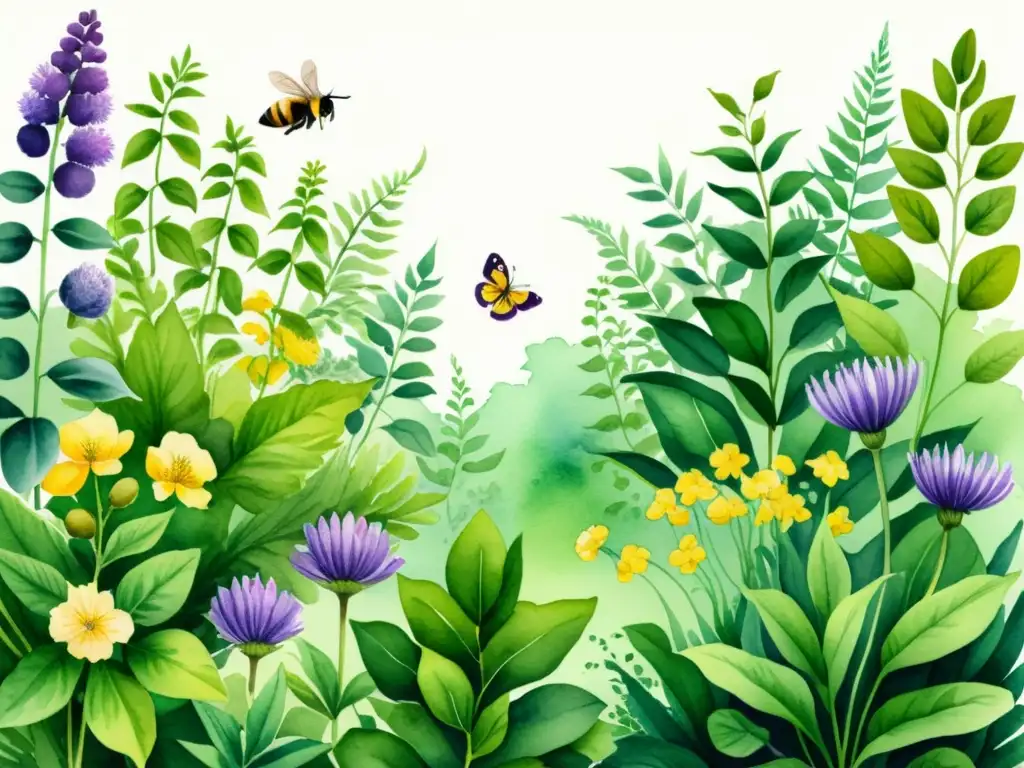 Jardín botánico de plantas medicinales en acuarela Una ilustración detallada en acuarela de un exuberante jardín botánico con plantas medicinales