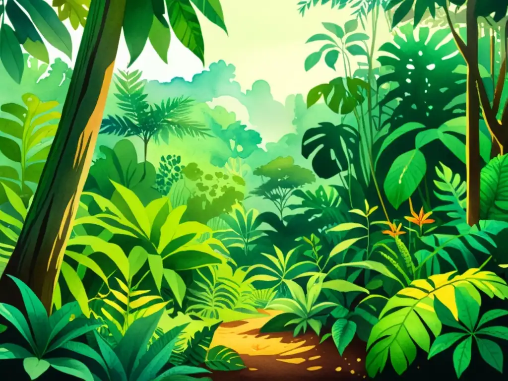 Exuberante ilustración acuarela de selva tropical Una ilustración detallada en acuarela de una exuberante escena de la selva tropical, con plantas medicinales y fauna vibrante