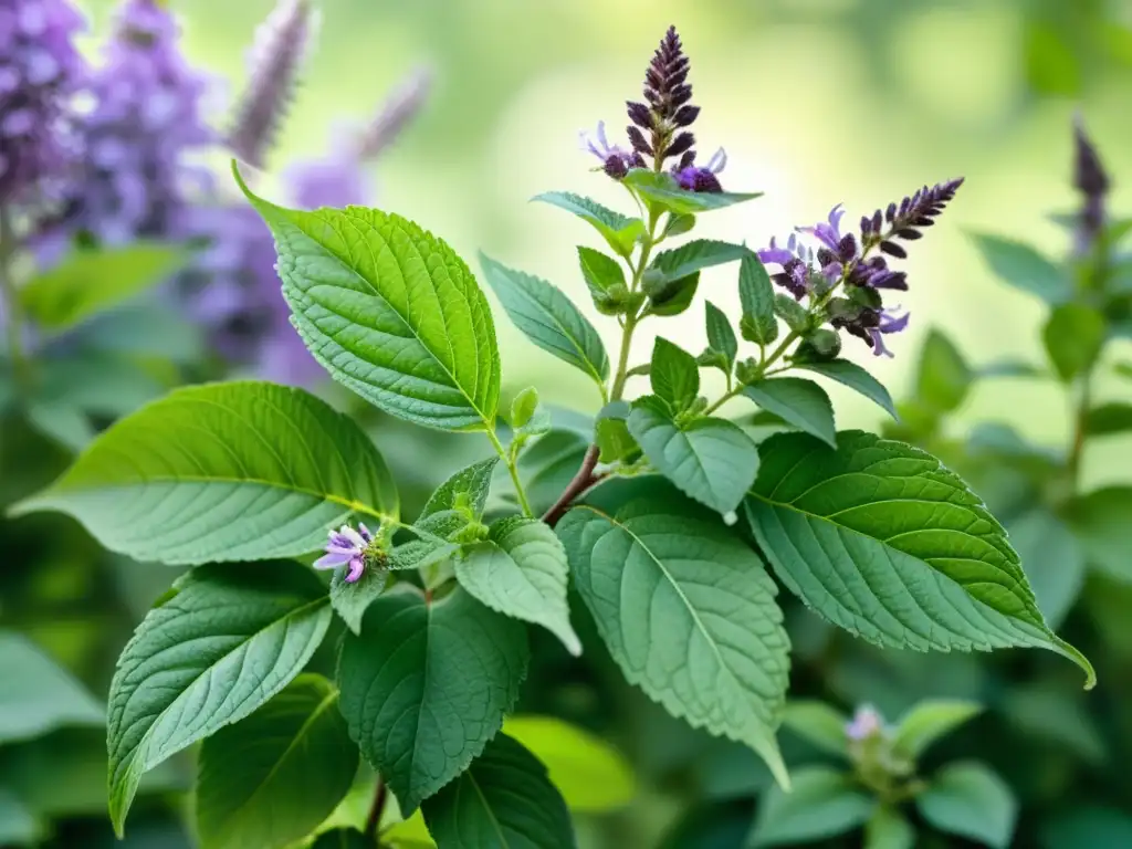 Una ilustración detallada en acuarela de una exuberante planta de Albahaca Santa, con flores moradas y hojas verdes