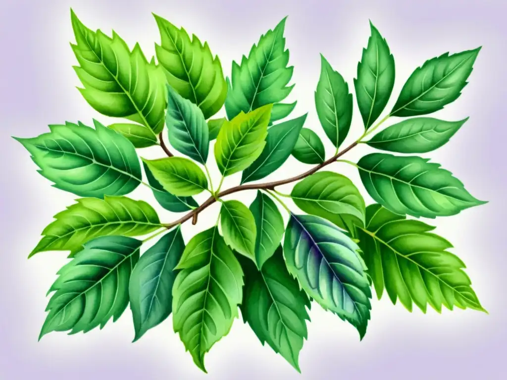 Una ilustración detallada en acuarela de una exuberante planta de Albahaca Santa, con flores moradas delicadas y hojas verdes vibrantes