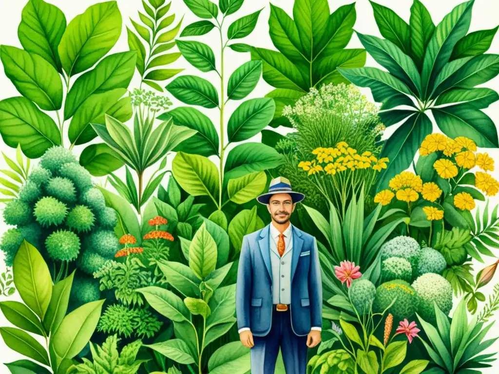 Una ilustración detallada en acuarela de un exuberante jardín botánico, con una variedad diversa de plantas medicinales