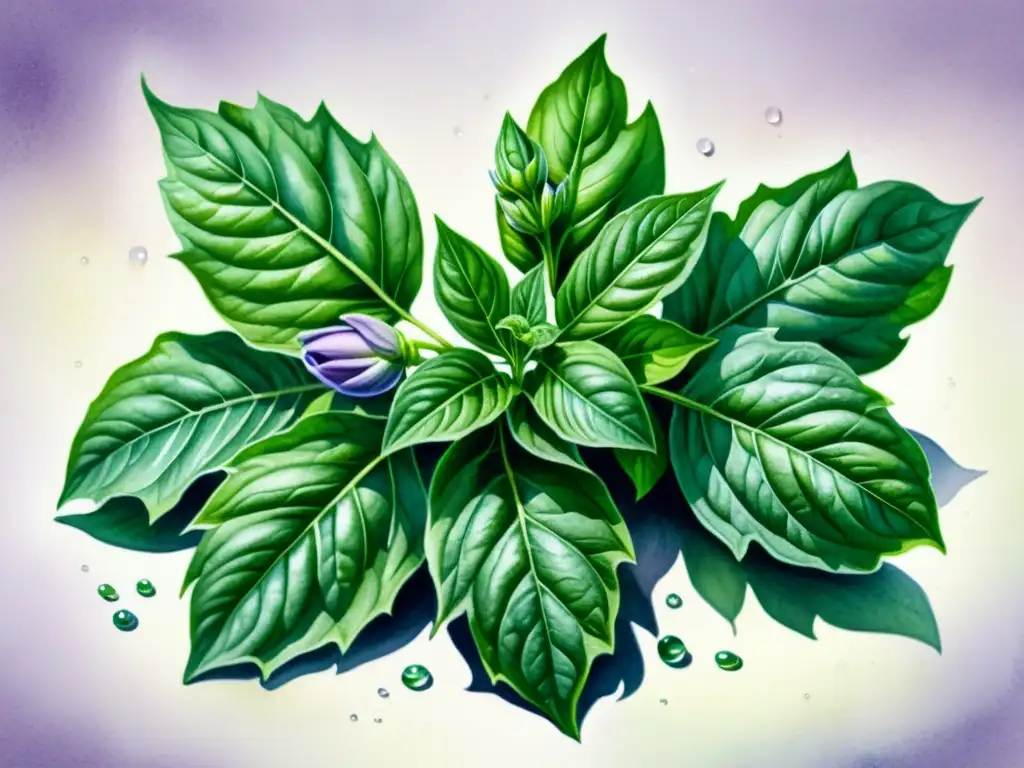 Una ilustración detallada en acuarela de una exuberante planta de albahaca sagrada con flores moradas, hojas verdes vibrantes y beneficios terapéuticos