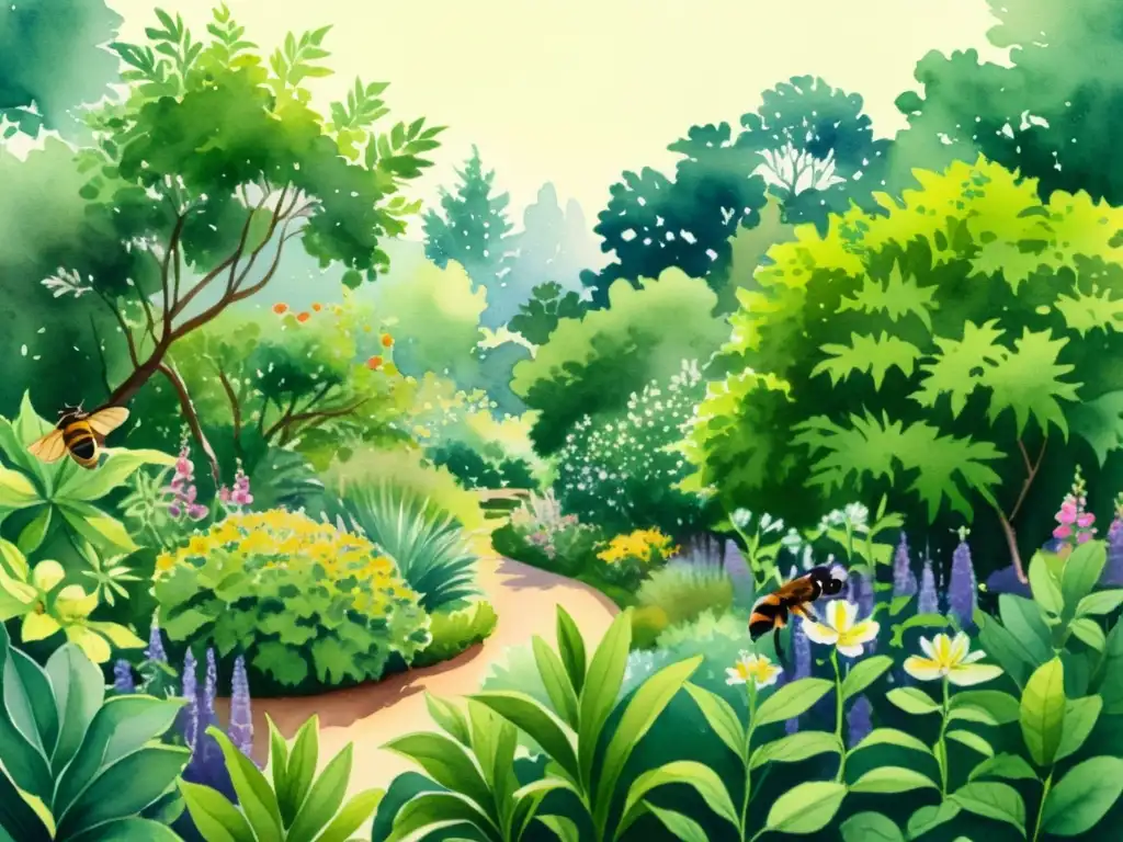 Una ilustración detallada en acuarela de un exuberante jardín botánico con plantas medicinales, abejas y mariposas, bañado por la luz del sol