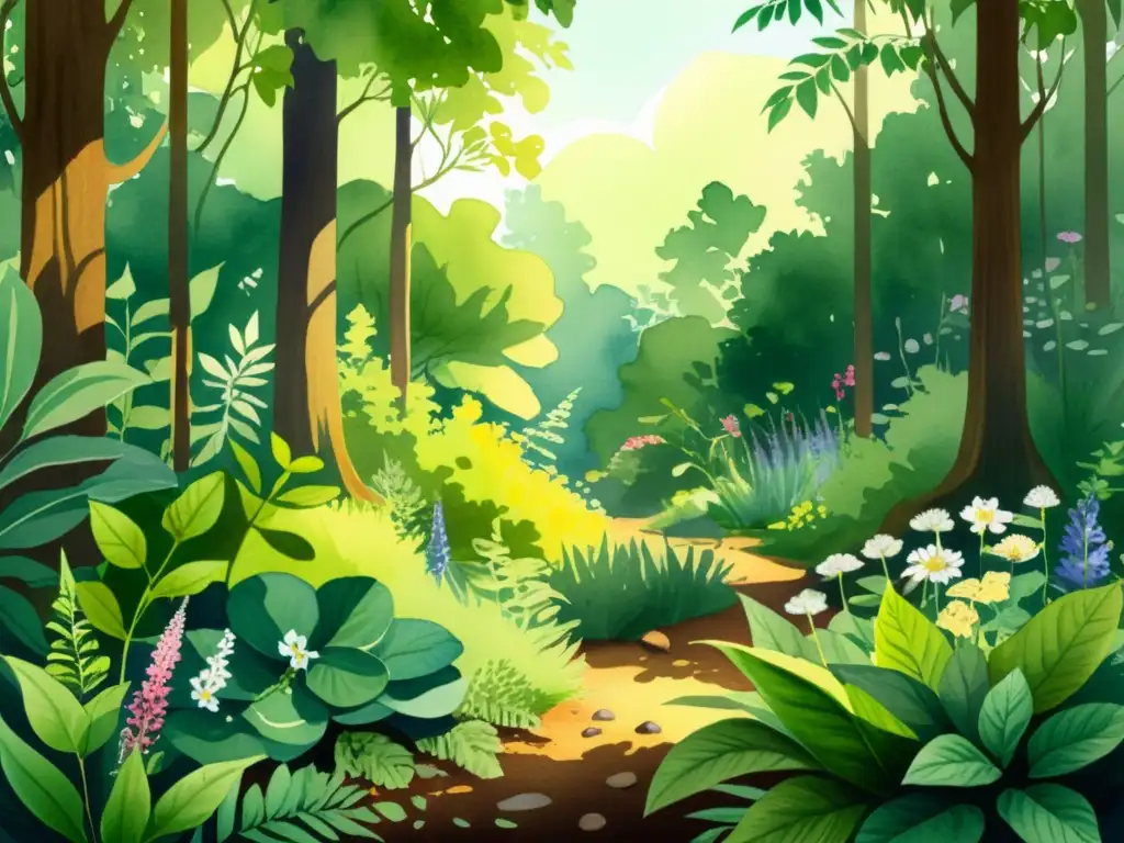 Una ilustración detallada en acuarela de un exuberante y vibrante bosque rebosante de diversas plantas medicinales para homeostasis natural