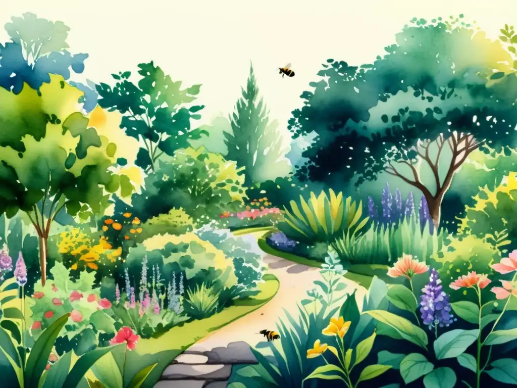 Una ilustración detallada en acuarela de un exuberante jardín botánico con plantas medicinales en plena floración