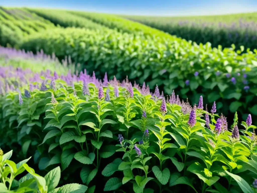 Una ilustración detallada en acuarela 8k de un exuberante campo verde lleno de plantas de melisa vibrantes, con beneficios terapéuticos de la melisa