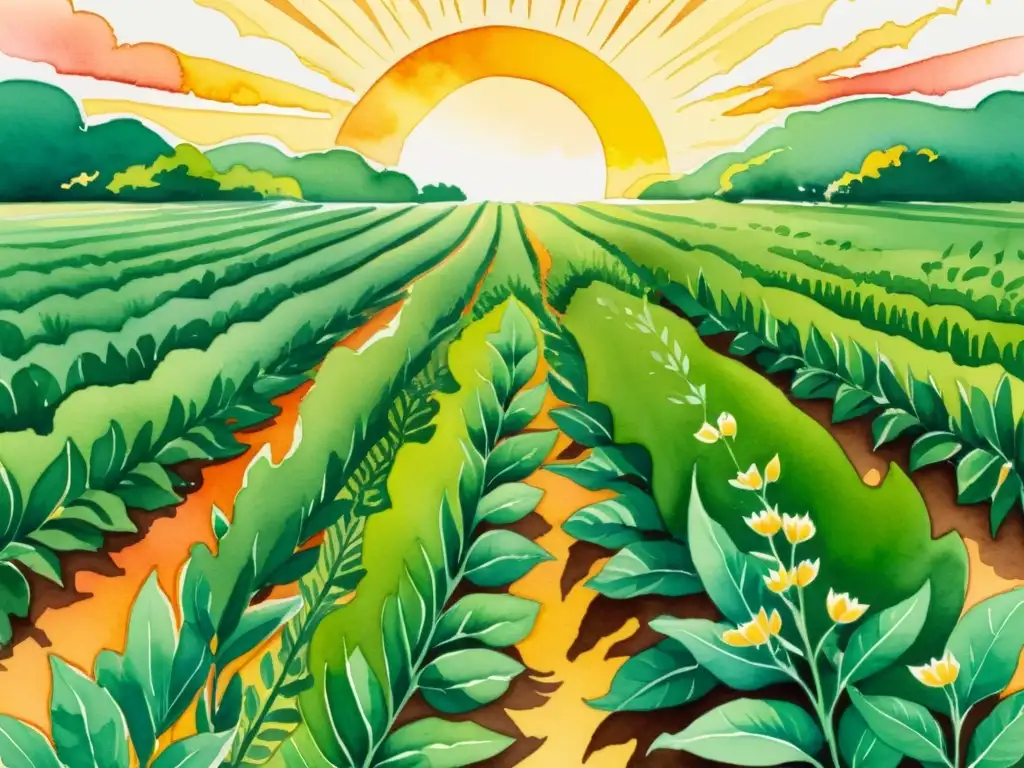 Una ilustración detallada en acuarela de un exuberante campo verde con plantas de Ashwagandha, bañado por la cálida luz dorada del atardecer