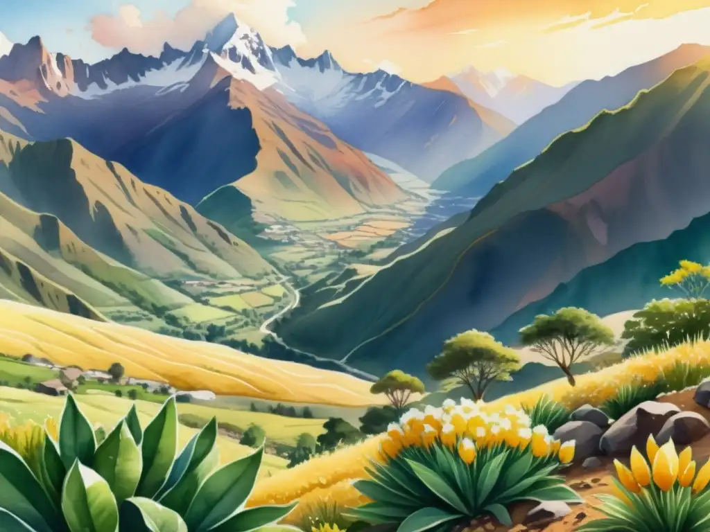 Una ilustración detallada en acuarela 8k de una exuberante ladera andina con plantas de maca en plena floración