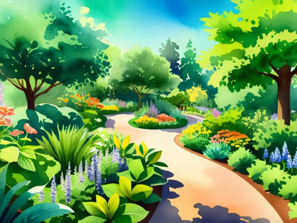 Una ilustración detallada en acuarela de un exuberante jardín botánico con plantas verdes vibrantes y flores medicinales coloridas