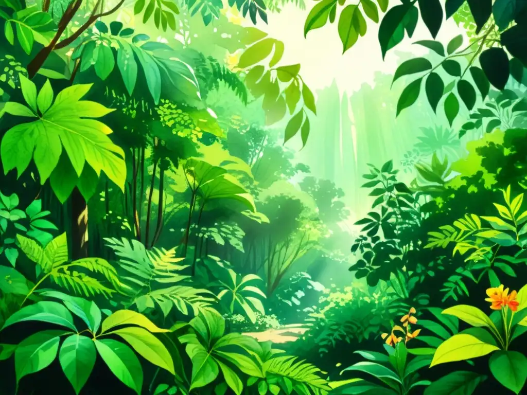 Una ilustración detallada en acuarela de un exuberante dosel de selva tropical, con plantas medicinales y juegos de luz, que realzan la belleza natural y la nanotecnología en plantas medicinales