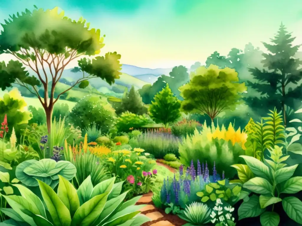 Una ilustración detallada en acuarela de un exuberante jardín permacultural lleno de plantas medicinales
