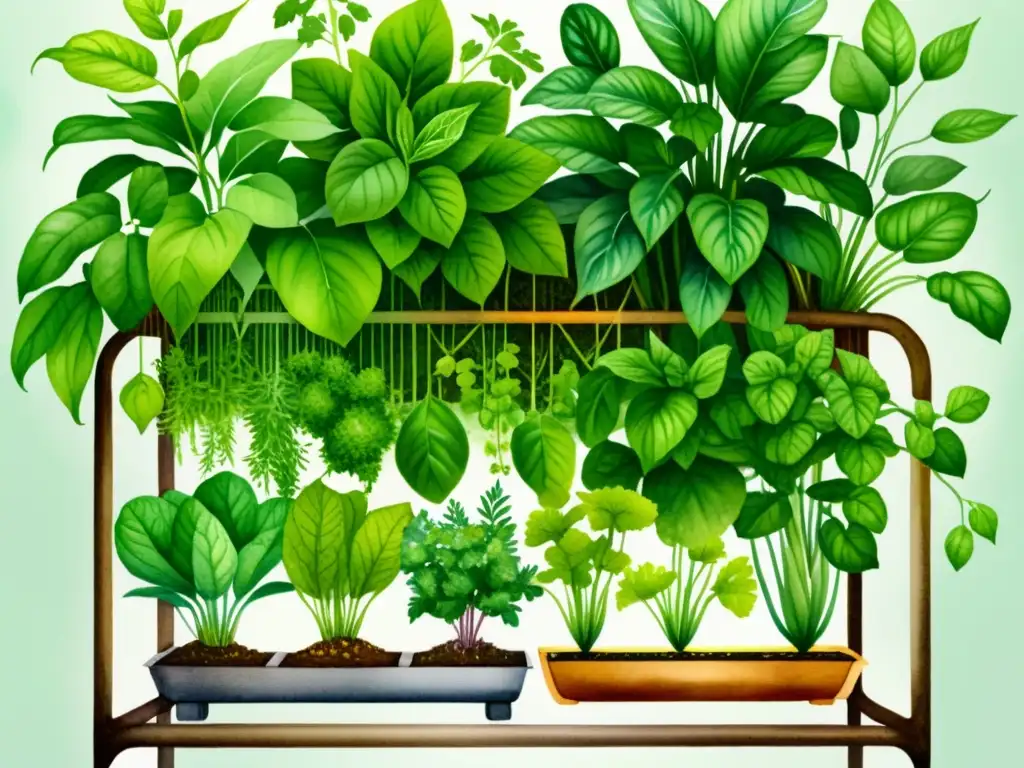 Una ilustración detallada en acuarela de un exuberante jardín hidropónico lleno de vegetales, flores coloridas y hierbas prósperas