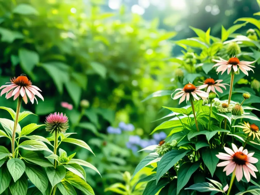 Una ilustración detallada en acuarela de un exuberante jardín botánico con plantas medicinales vibrantes