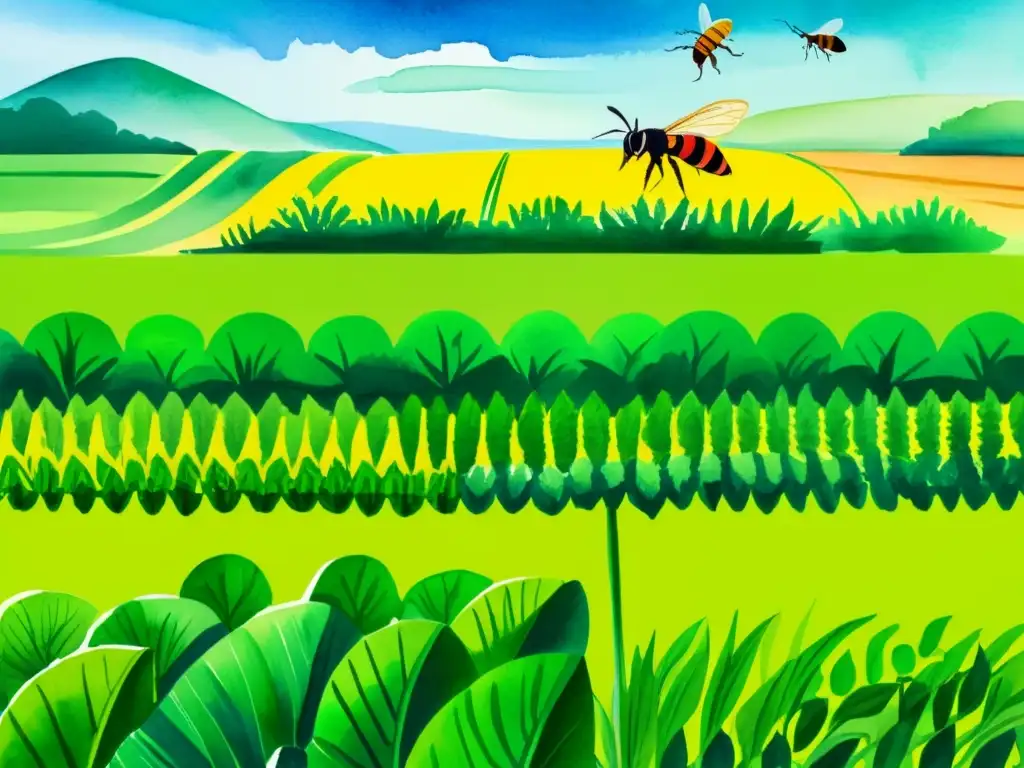 Una ilustración detallada en acuarela de un exuberante campo agrícola con trampas de feromonas rodeadas de insectos